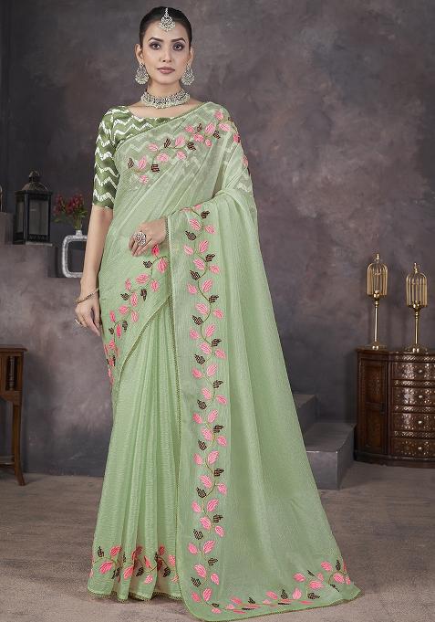 Light Green Embroidery Work Soft Crush Georgatte Saree Set
