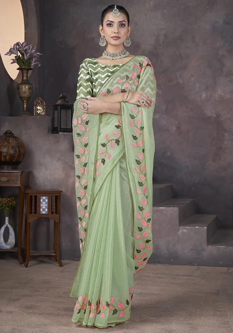 Light Green Embroidery Work Soft Crush Georgatte Saree Set
