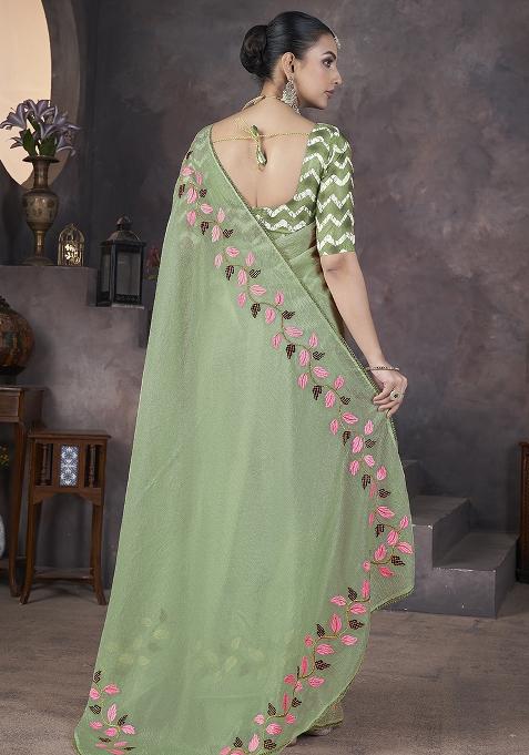 Light Green Embroidery Work Soft Crush Georgatte Saree Set