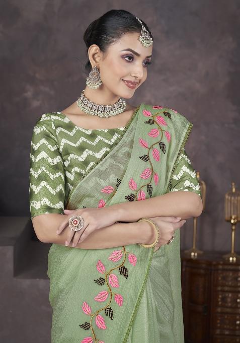 Light Green Embroidery Work Soft Crush Georgatte Saree Set