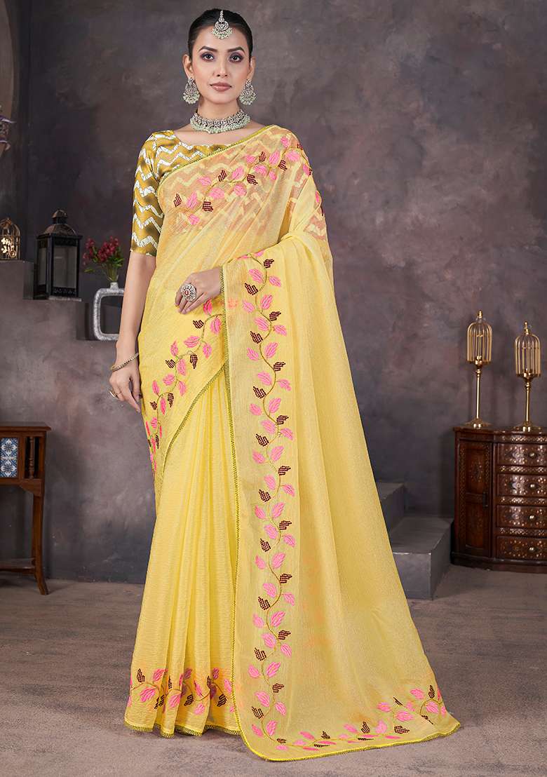Yellow Work Soft Crush Georgatte Saree Set with Embroidery for Diwali | Wedding & Festive Wear - Indya