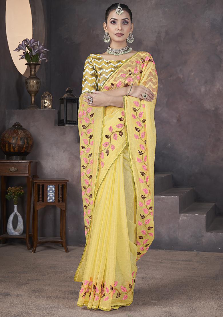 Yellow Embroidery Work Soft Crush Georgatte Saree Set - Indya