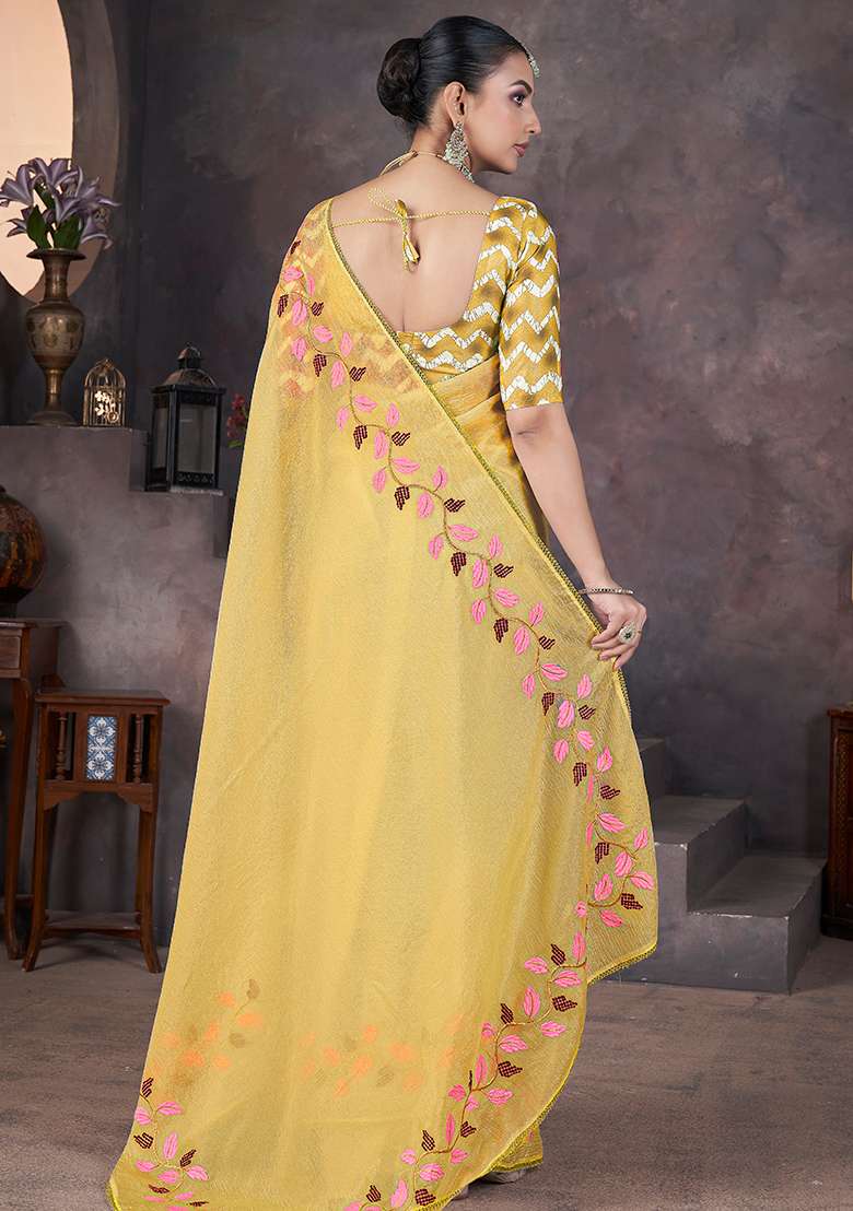 Yellow Work Soft Crush Georgatte Saree Set with Embroidery for Diwali | Wedding & Festive Wear - Indya