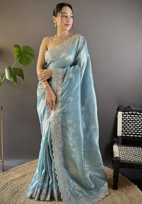 Sky Blue Embroidery Work Blended Saree Set