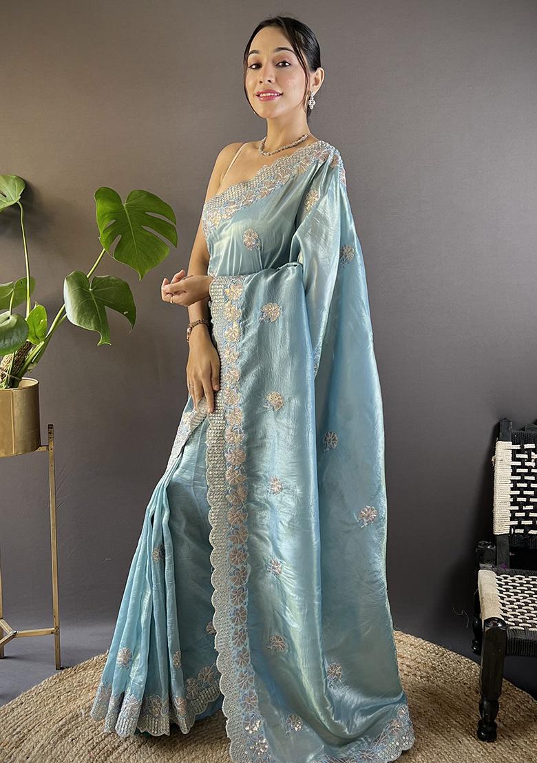 Sky Blue Embroidery Work Blended Saree Set - Indya