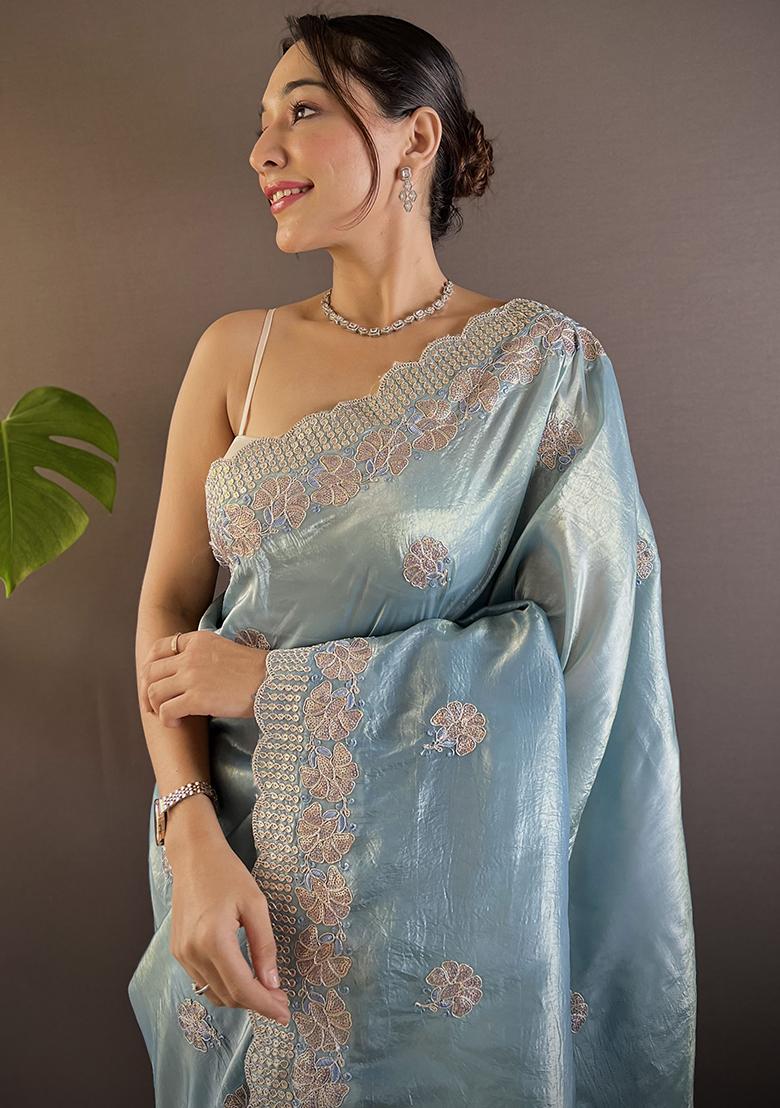 Sky Blue Embroidery Work Blended Saree Set - Indya