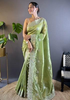 Light Green Embroidery Work Blended Saree Set