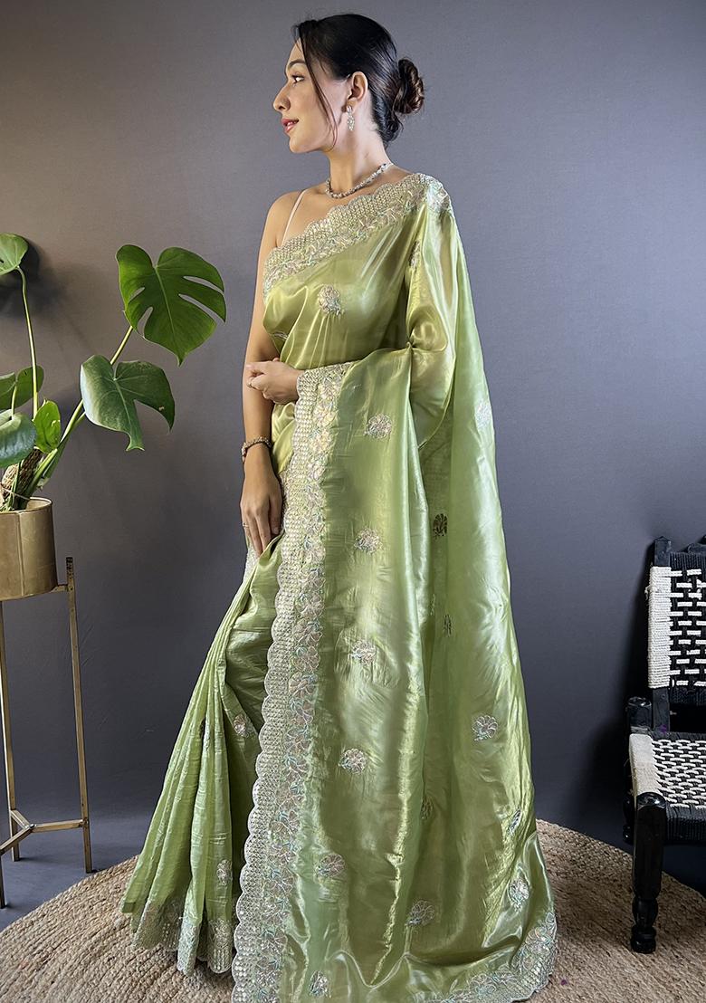 Light Green Embroidery Work Blended Saree Set - Indya