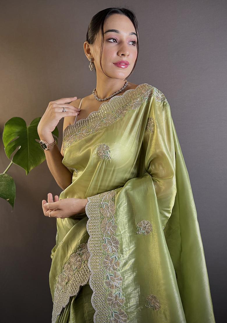 Light Green Embroidery Work Blended Saree Set - Indya