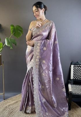Purple Embroidery Work Blended Saree Set