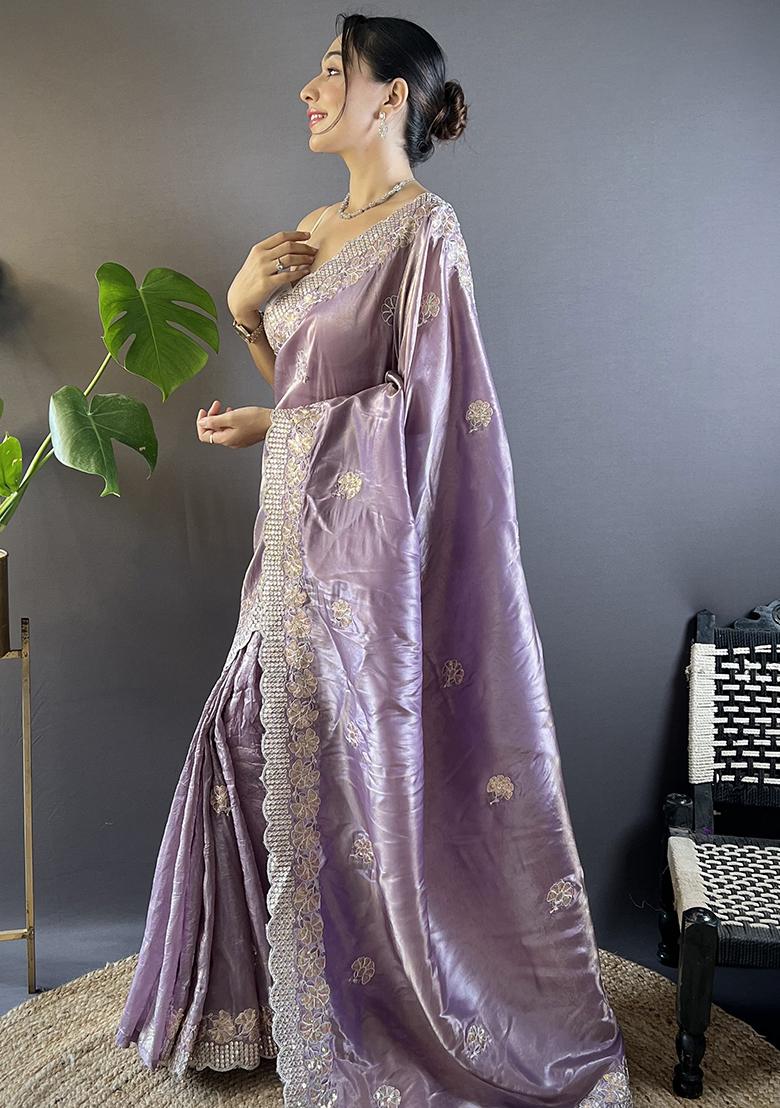 Purple Embroidery Work Blended Saree Set - Indya