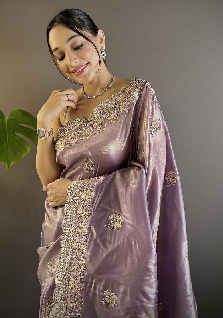Purple Embroidery Work Blended Saree Set - Indya