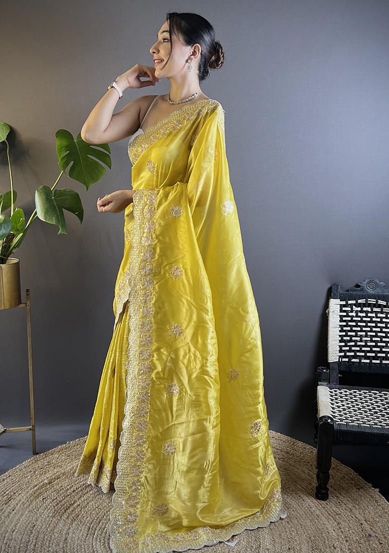 Yellow Embroidery Work Blended Saree Set - Indya