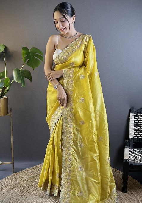 Yellow Embroidery Work Blended Saree Set