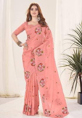 Yellow Embroidery Work Blended Saree Set