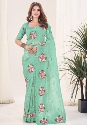 More Peach Embroidery Work Blended Saree Set