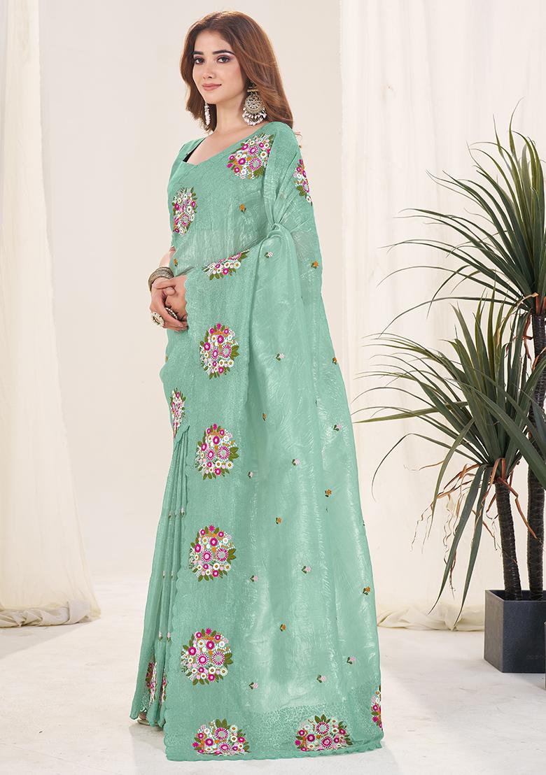 More Peach Embroidery Work Blended Saree Set - Indya