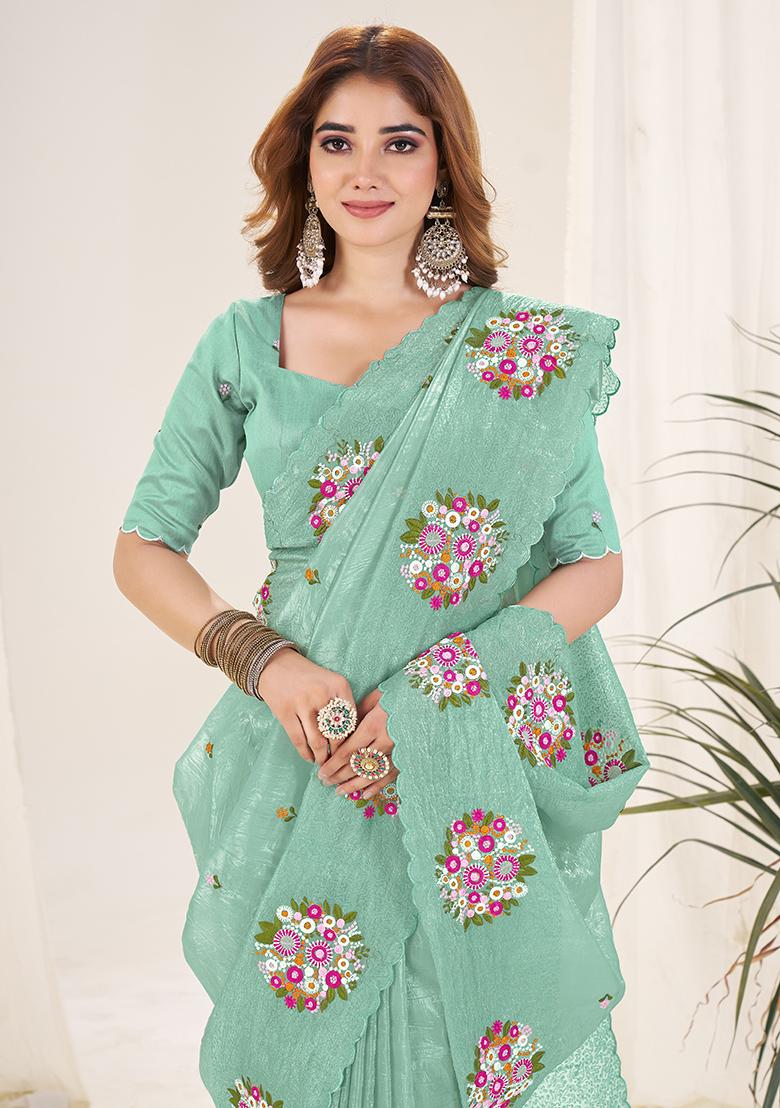 More Peach Embroidery Work Blended Saree Set - Indya