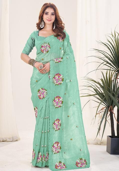 More Peach Embroidery Work Blended Saree Set