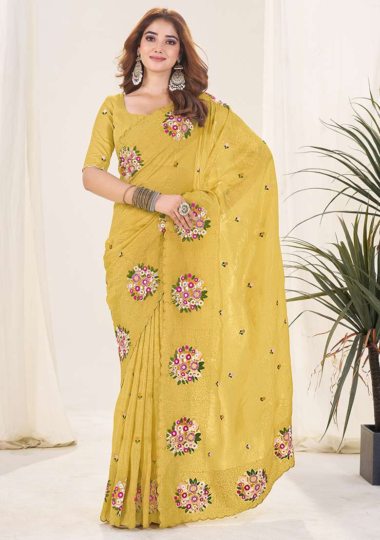 Gajari Work Blended Saree Set with Embroidery for Diwali | Wedding & Festive Wear - Indya