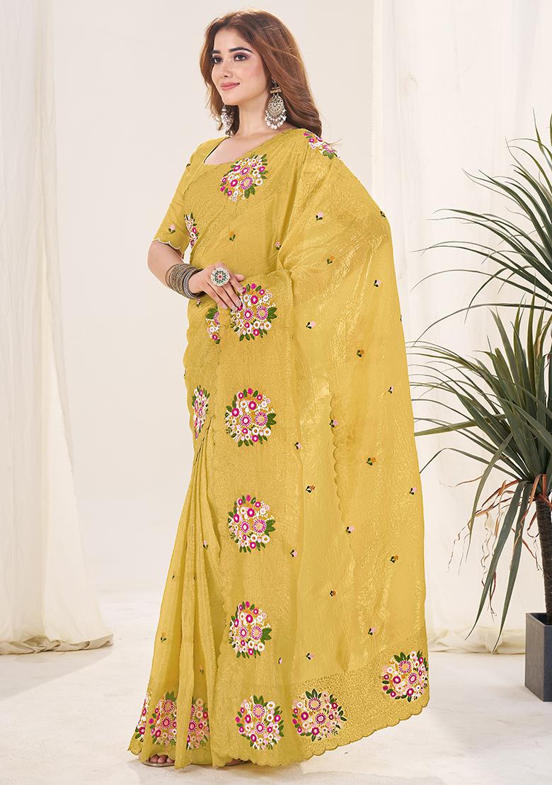 Gajari Embroidery Work Blended Saree Set - Indya