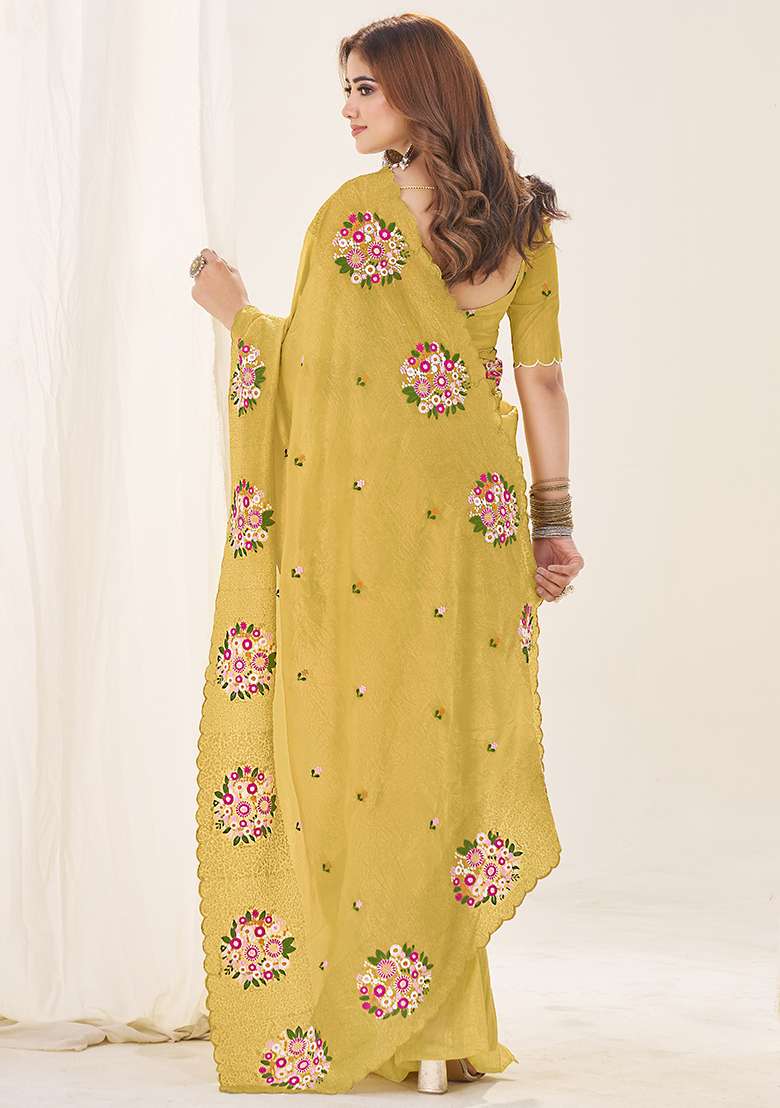Gajari Work Blended Saree Set with Embroidery for Diwali | Wedding & Festive Wear - Indya