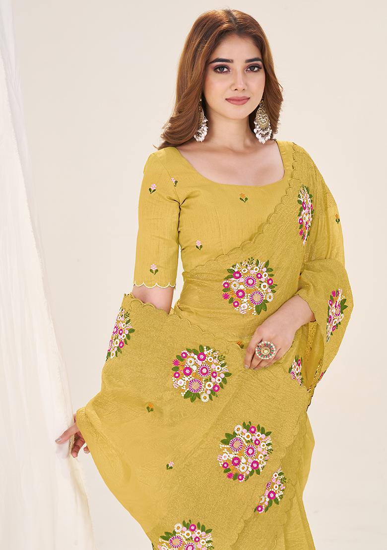 Gajari Embroidery Work Blended Saree Set - Indya