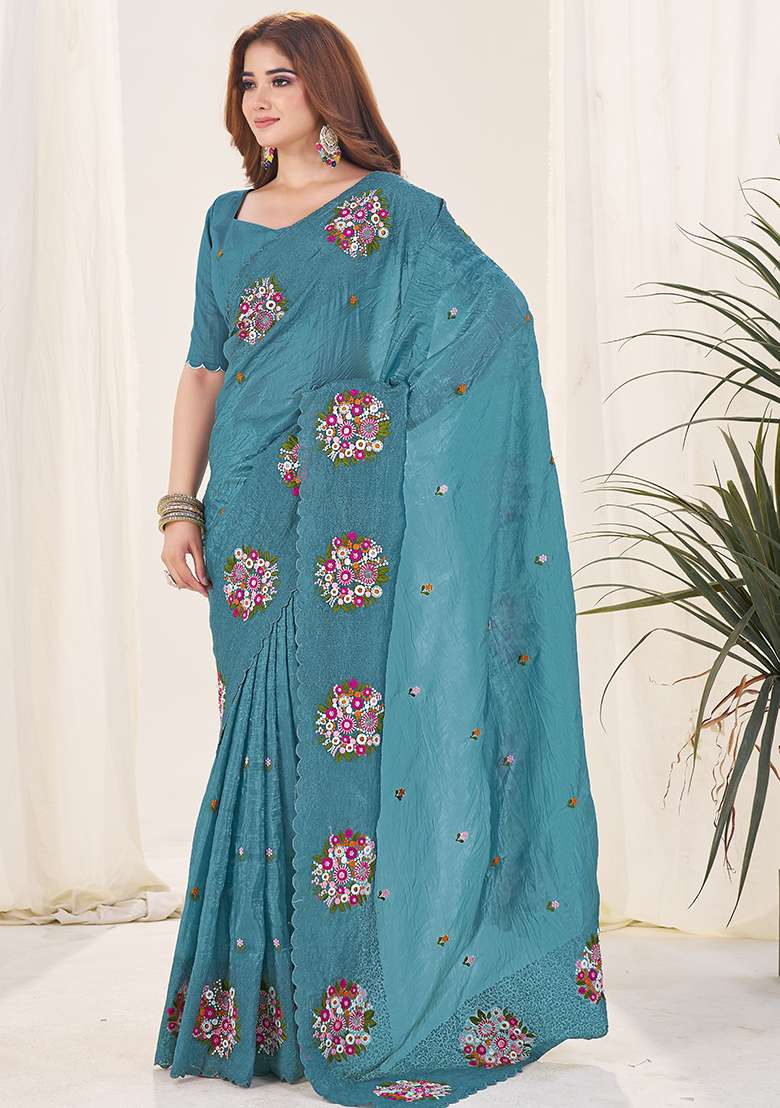 Sky Blue Work Blended Saree Set with Embroidery for Diwali | Wedding & Festive Wear - Indya