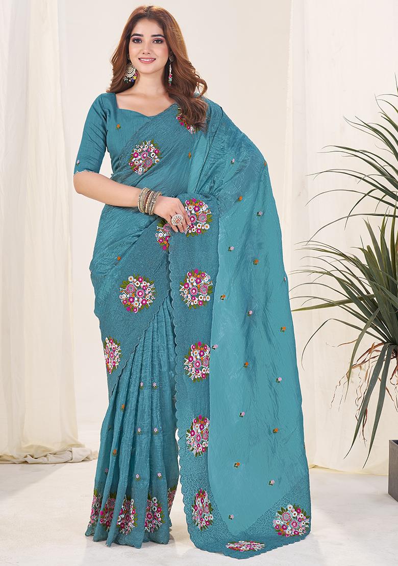 Sky Blue Embroidery Work Blended Saree Set - Indya