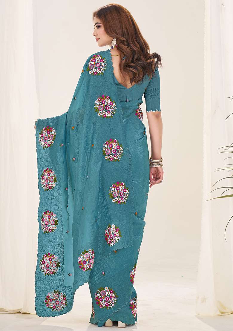 Sky Blue Work Blended Saree Set with Embroidery for Diwali | Wedding & Festive Wear - Indya