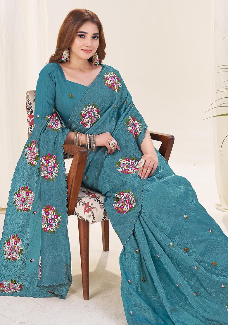 Sky Blue Embroidery Work Blended Saree Set - Indya