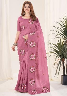 Onion Embroidery Work Blended Saree Set