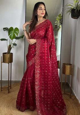 Maroon Embroidery Work Soft Zimmy choo Silk Saree Set