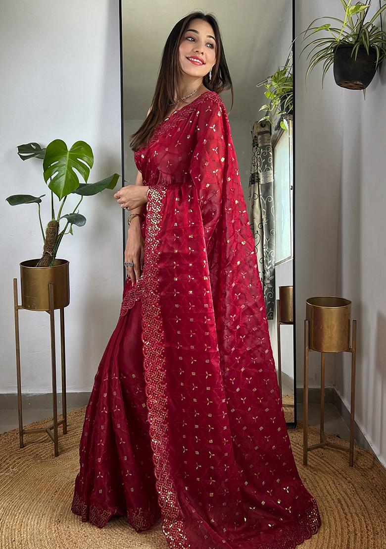 Maroon Embroidery Work Soft Zimmy choo Silk Saree Set - Indya