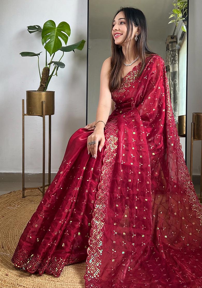 Maroon Embroidery Work Soft Zimmy choo Silk Saree Set - Indya