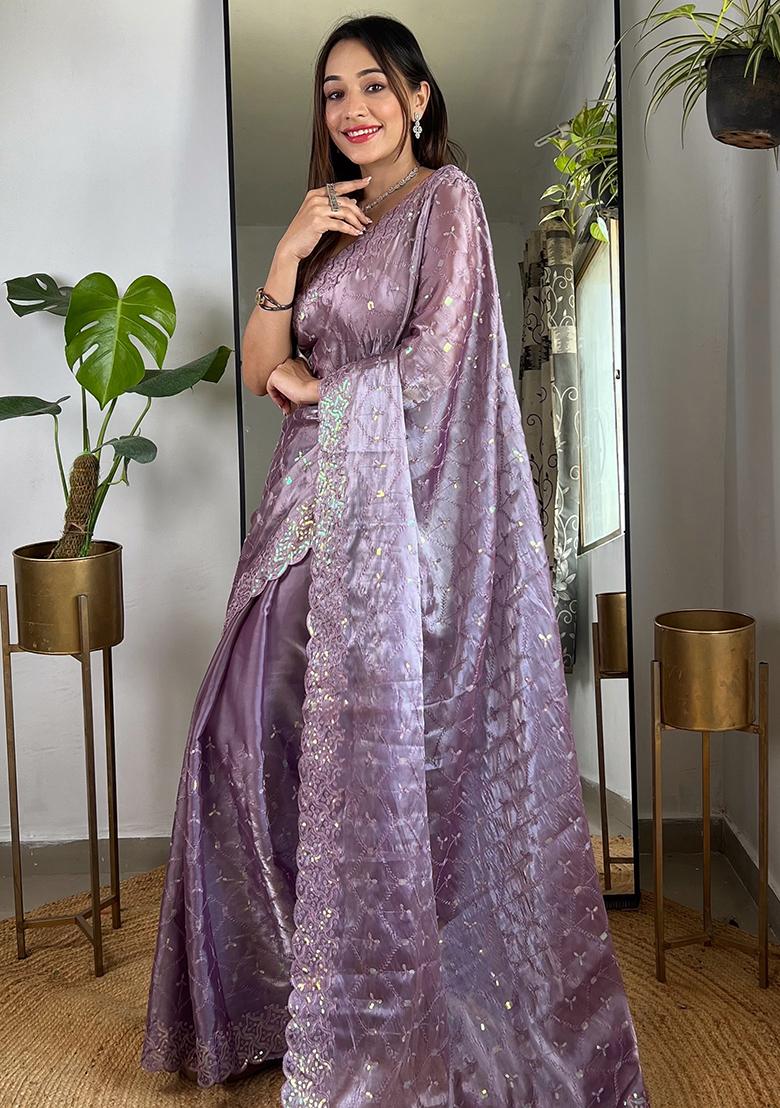 Purple Embroidery Work Soft Zimmy choo Silk Saree Set - Indya