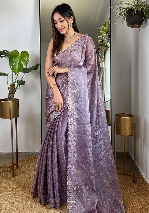 Purple Embroidery Work Soft Zimmy choo Silk Saree Set