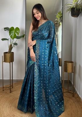 More Peach Embroidery Work Soft Zimmy choo Silk Saree Set