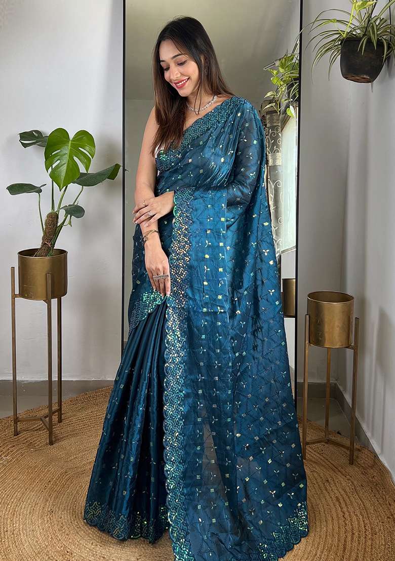 More Peach Embroidery Work Soft Zimmy choo Silk Blend Saree Set - Indya