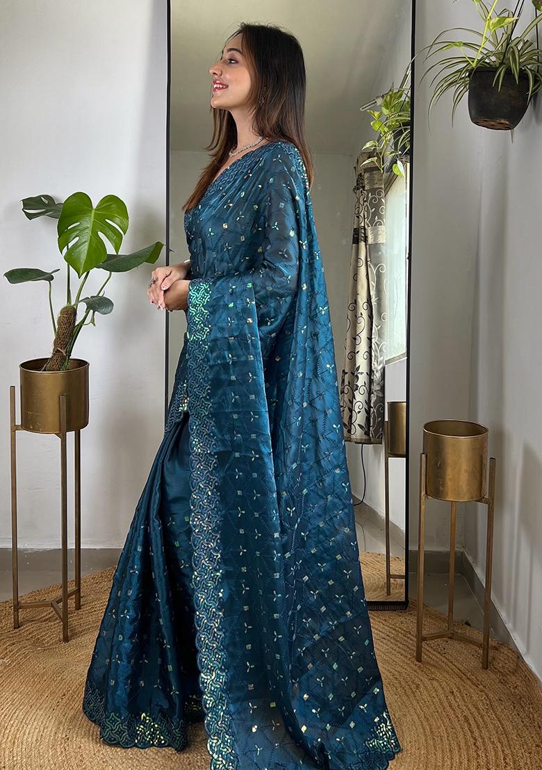 More Peach Embroidery Work Soft Zimmy choo Silk Saree Set - Indya