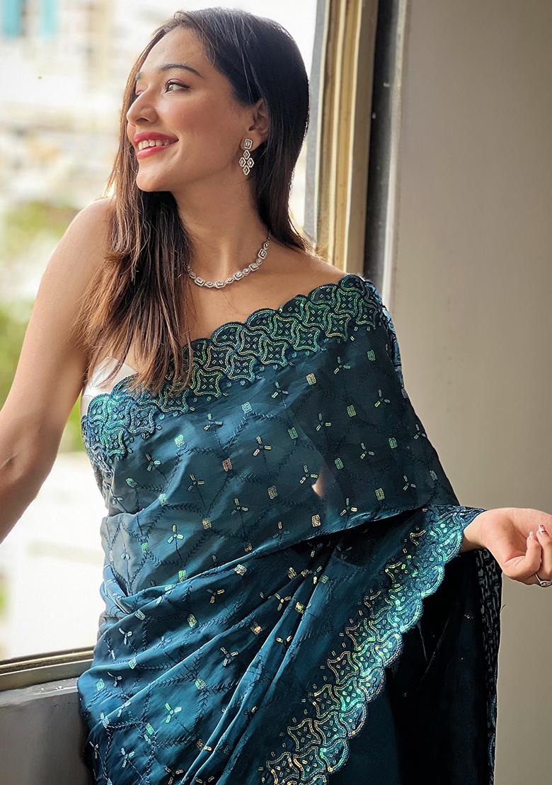 More Peach Embroidery Work Soft Zimmy choo Silk Saree Set - Indya