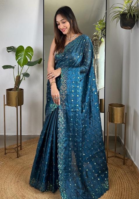 More Peach Embroidery Work Soft Zimmy choo Silk Saree Set