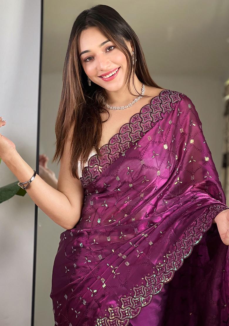 Wine Embroidery Work Soft Zimmy choo Silk Saree Set - Indya