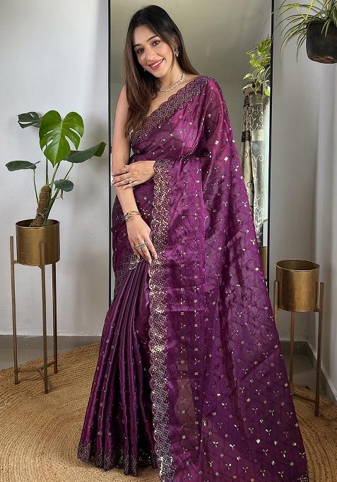 Wine Embroidery Work Soft Zimmy choo Silk Saree Set