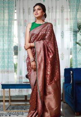 Maroon Embroidery Silk Blend Saree With Blouse