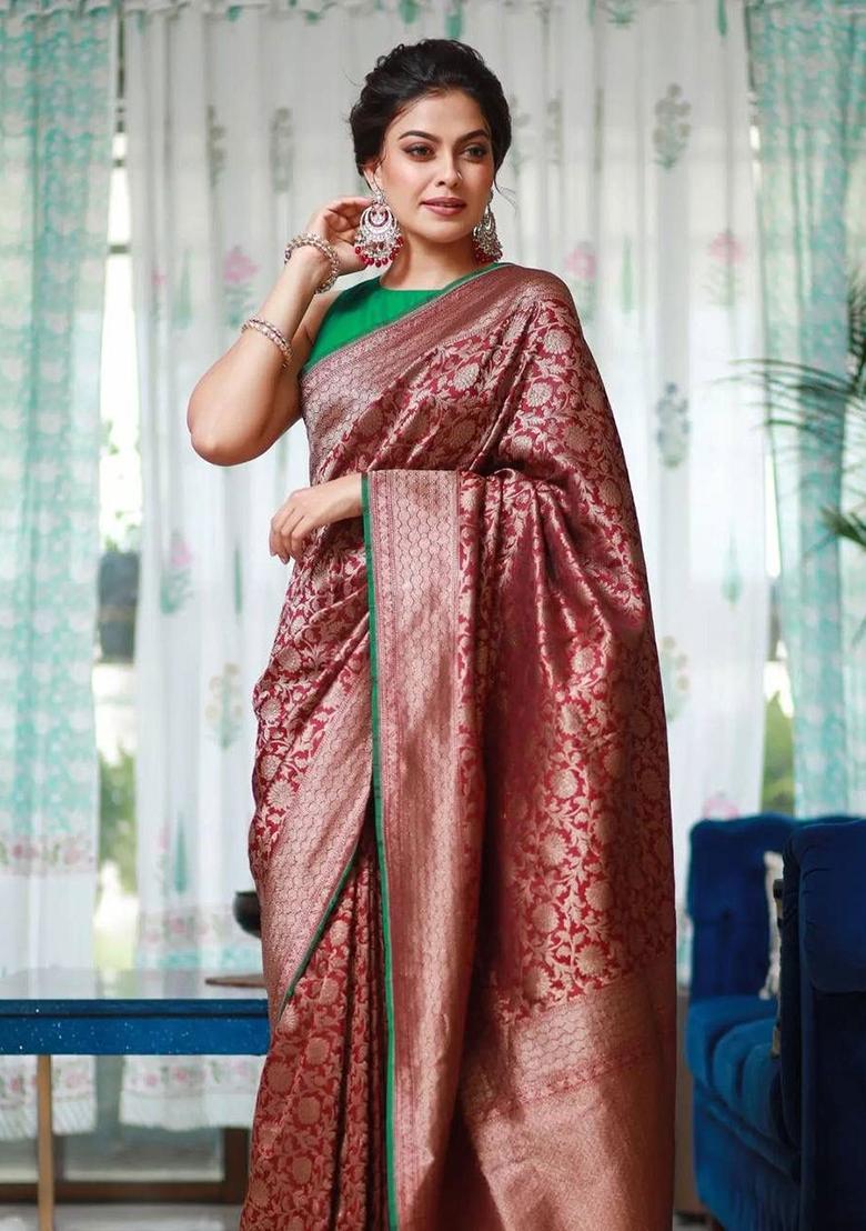 Maroon Embroidery Silk Saree With Blouse - Indya