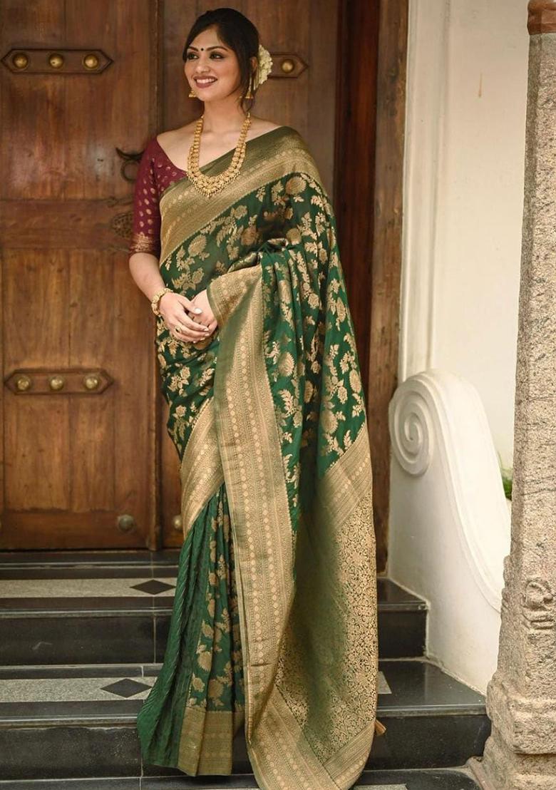 Green Embroidery Silk Saree With Blouse