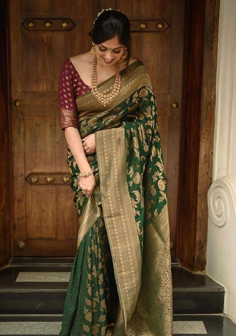 Green Embroidery Silk Saree With Blouse - Indya