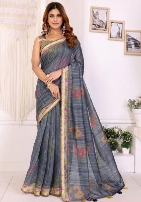 Grey Embroidery Chanderi Saree With Blouse