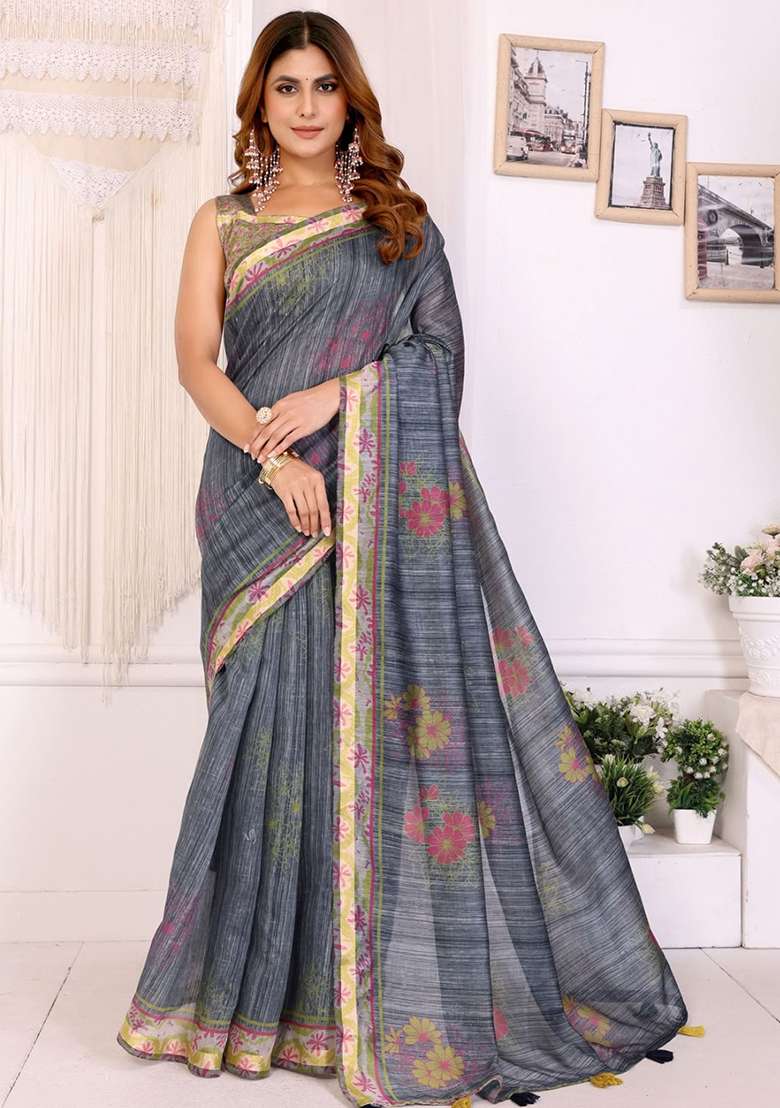 Grey Embroidery Chanderi Saree With Blouse for Diwali and Festive Wear - Indya